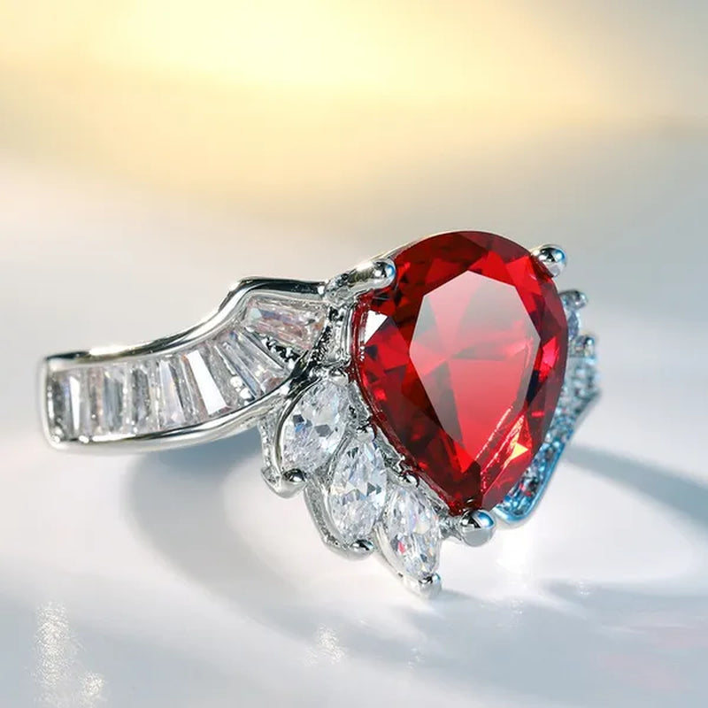 New silver-plated Fashion Natural Ruby Angel Teardrop Diamond Ring Engagement Wedding Ring Anniversary Christmas Gift Jewelry Accessories Size 5-11