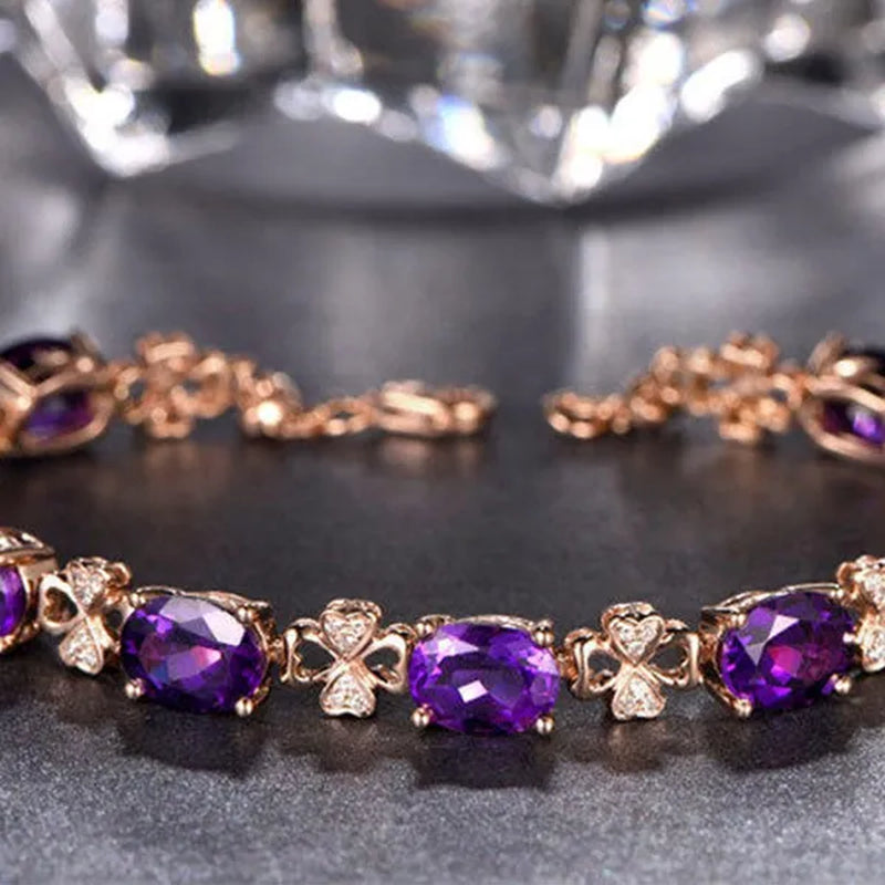 Fashion Amethyst Flower Pendant Necklace Water Drop Cubic Ziconia Earrings Four Leaf Clover Bracelet Double Heart Open-End Ring Jewelry Set For Women Gift