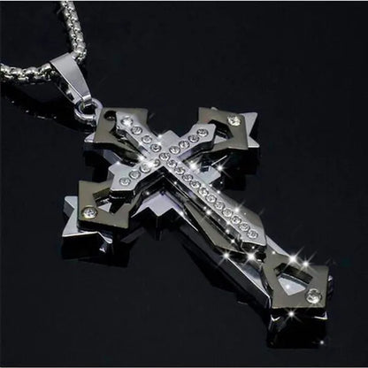 Fashion Men's Creative Diamond Cross Necklace Double Pattern Jesus Cross Pendant Hip Hop Necklaces for Men Cross Jewelry Religious Belief Amulet Birthday Anniversary Gift