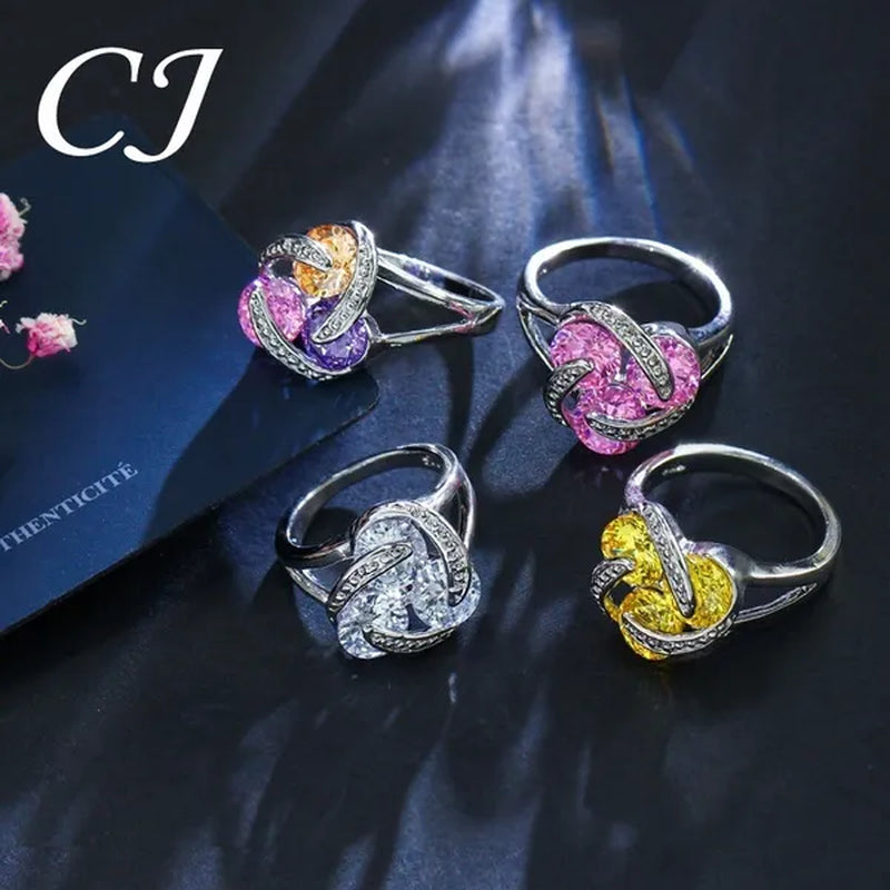 CANDICE Korean Fashion Sterling Silver Plated Women Elegant Pendant Necklace Earrings and Ring Sets Inlay Pure AAA Cubic Zirconia Knot Jewelry Set for Lady（US 6-9)