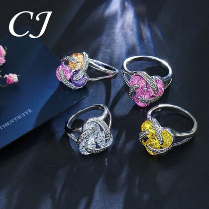 CANDICE Korean Fashion Sterling Silver Plated Women Elegant Pendant Necklace Earrings and Ring Sets Inlay Pure AAA Cubic Zirconia Knot Jewelry Set for Lady（US 6-9)