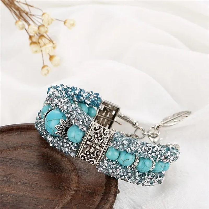Vintage Tibetan Silver Feather Turquoise Beads Bracelet Bangle Crystal Diamond Turquoise Bangle Women Jewelry Gift