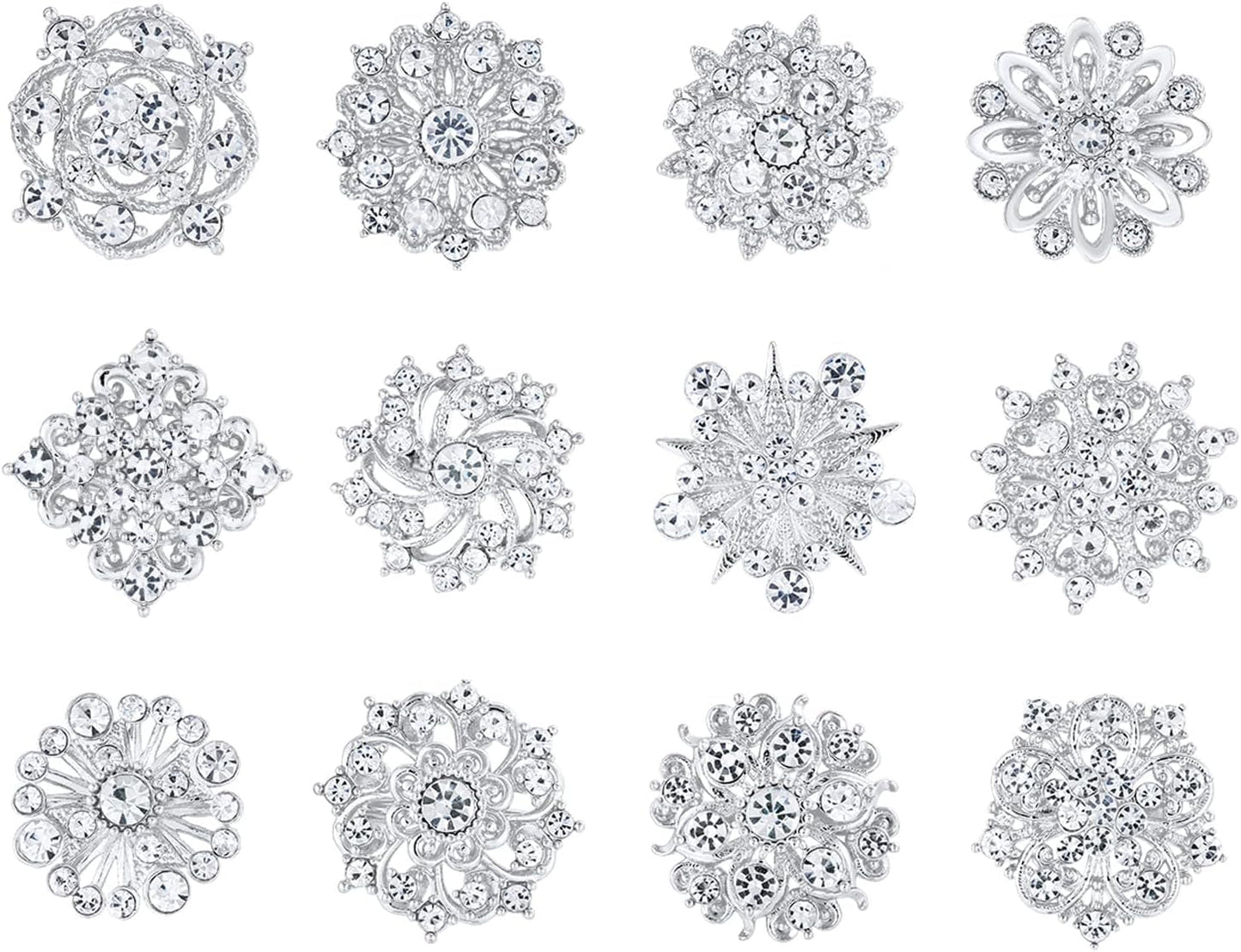 Assorted Small Size Crystal Rhinestone Flower Brooch Pins Set for Crafts Embellishment, Wedding Bouquet Brooches for Women Fashion