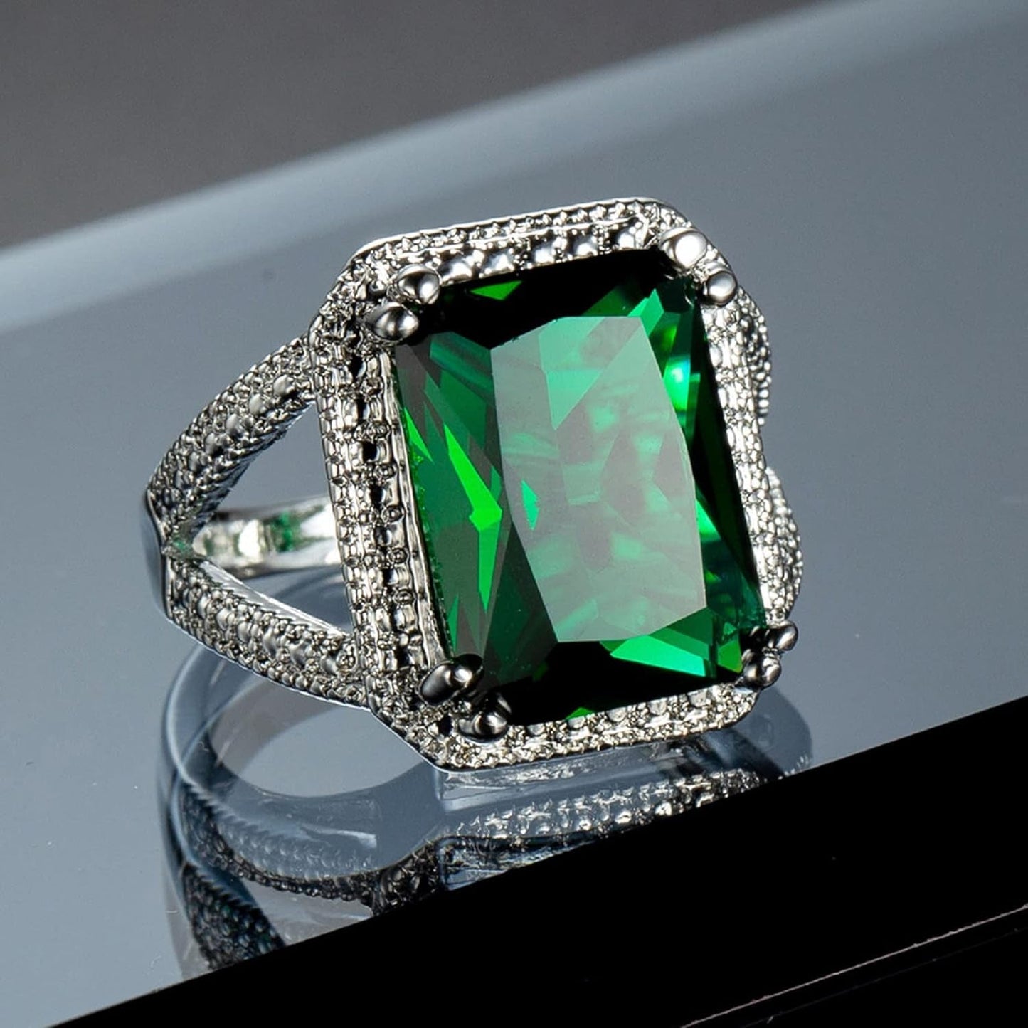 Emerald Halo 925 Sterling Silver Emerald Ring Cocktail Rings Square Cut Green Gem Cubic Zirconia Anniversary Promise Ring CZ Eternity Engagement Wedding Band Ring for Women (7)