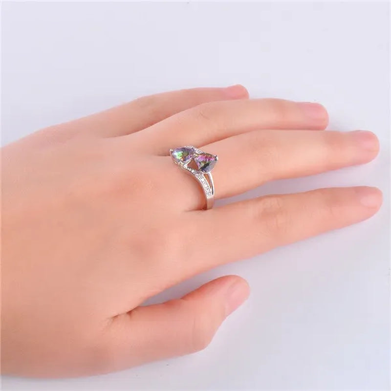 Birthstone rings...romantic double heart cut gemstone blue white opal rainbow topaz crystal ring white gold jewelry