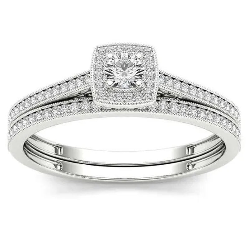 Two sets of simple fashionable 925 standard Silver White Diamond Engagement Wedding Love Ring Size 6-10