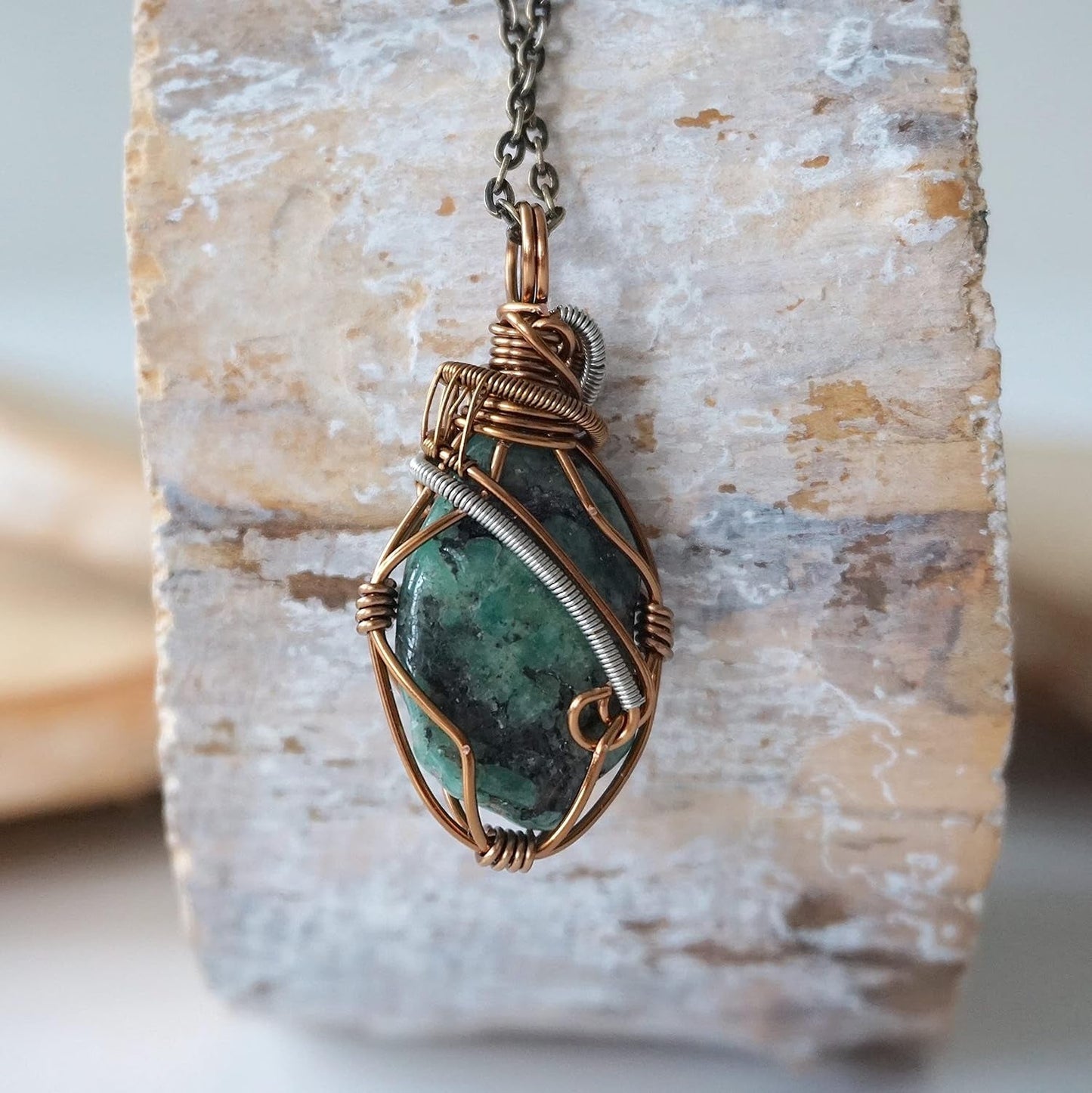 Emerald Wire Wrapped Pendant, Copper Crystal Necklace, with 24 Inch Antique Bronze Chain, May Birthstone Jewelry, Handmade in North America