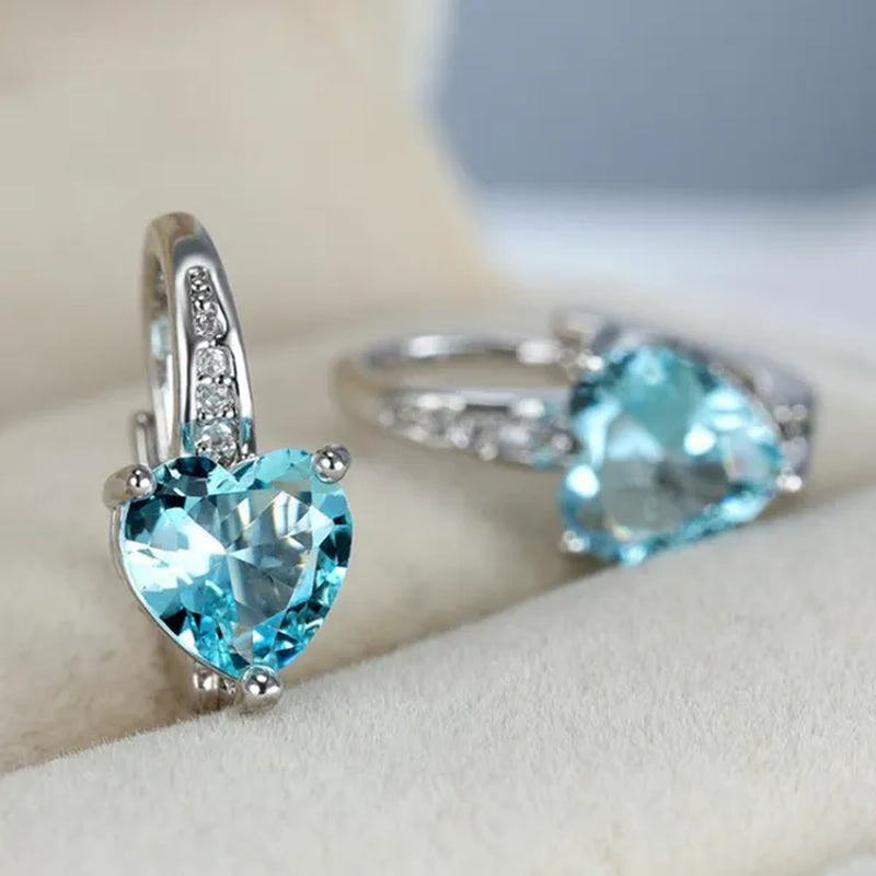 Heart Cut Blue Sapphire Hoop Drop Earrings for Women Bridal Wedding Party Romantic Gift Jewelry
