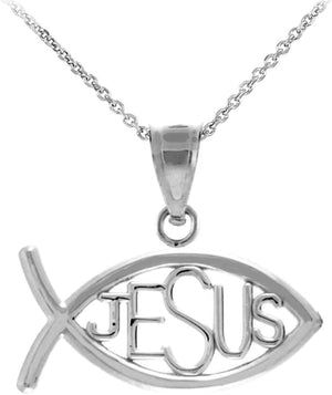 925 Sterling Silver Horizontal Jesus Ichthus Charm Christian Fish Pendant Necklace
