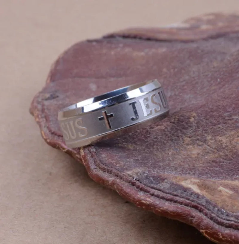 QianBei 8MM Titanium Stainless Steel Ring Silver Size 6 7 8 9 10 11 12 Men Women Cross I LOVE JESUS Valentine Wedding Engagement Party Anniversary Cocktail Xmas Gift