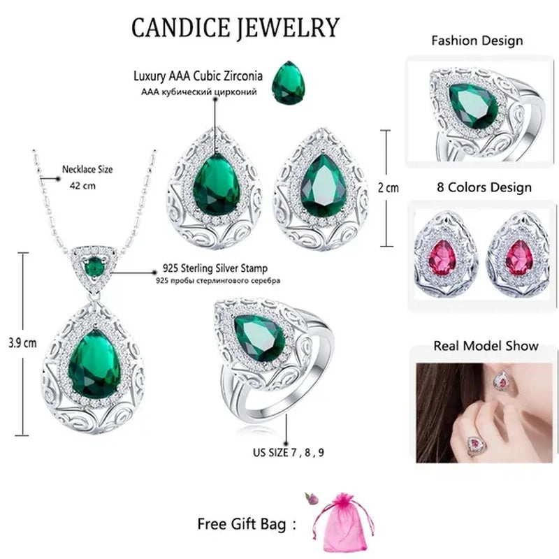 CANDICE Elegant Stamp Sterling Silver Plated Women Jewelry Set Pear Drop Red Cubic Zirconia Necklace Earring Ring 3Pcs Sets