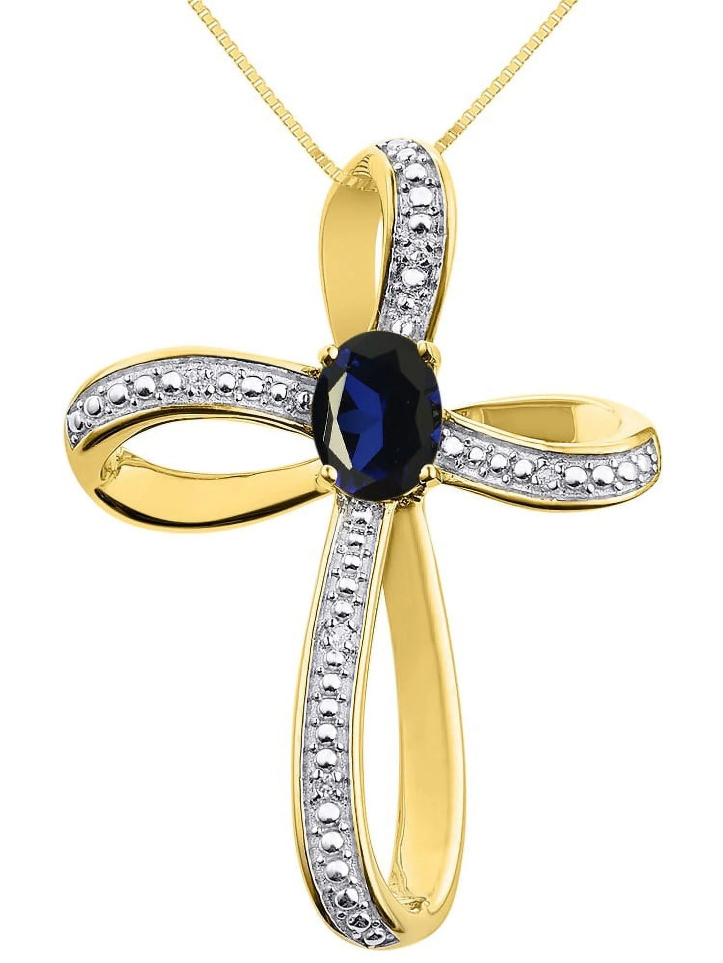 Diamond & Sapphire Cross Pendant Necklace Set in Yellow Gold Plated Silver .925 with 18" Chain
