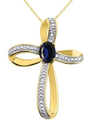Diamond & Sapphire Cross Pendant Necklace Set in Yellow Gold Plated Silver .925 with 18" Chain
