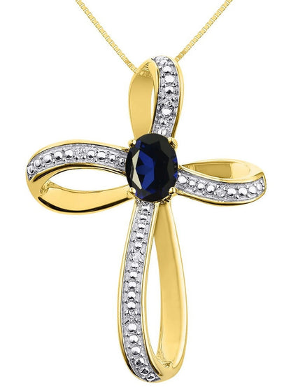Diamond & Sapphire Cross Pendant Necklace Set in Yellow Gold Plated Silver .925 with 18" Chain