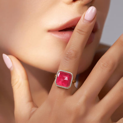 Natural Gemstone Rings, 14K Gold/Rhodium Plated Genuine Gemstone Square Ring with Zirconia for Women Girls, Birthstone Rings Jewelry Gifts for Valentine'S Day, Birthday (Available 6,7,8,9)