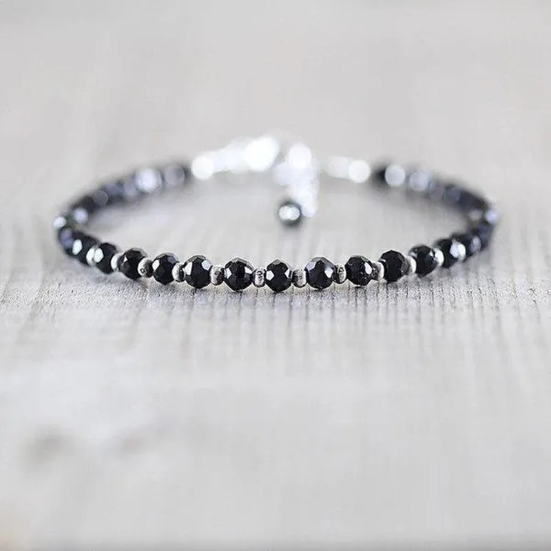 Black Spinel, Sterling & Karen Hill Tribe Silver Bracelet Boho Beaded Gemstone Bracelet Dainty Stacking Bracelet - WORLD TIME VISITS