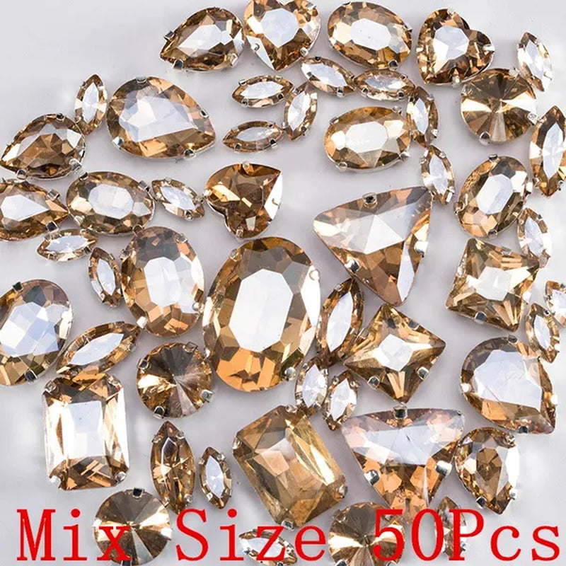 50PCS Mix Size Gold Champagne Glass Rhinestones for Clothing Loose Flatback Dress Stones Decorative Crystal Sew on Rhinestones