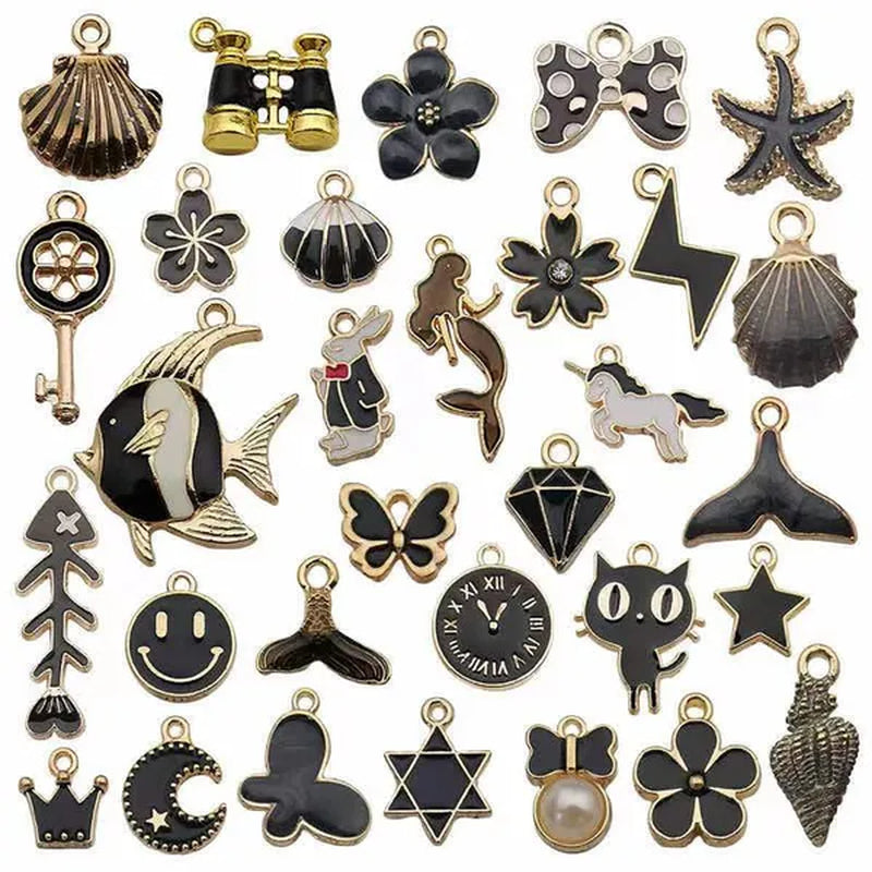 30Pcs Mixed Pattern Pink Drop Oil Fish Flower Horse Enamel Charm DIY Jewelry Bracelet Necklace Pendant Gold Tone Float Finding