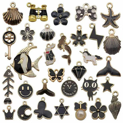 30Pcs Mixed Pattern Pink Drop Oil Fish Flower Horse Enamel Charm DIY Jewelry Bracelet Necklace Pendant Gold Tone Float Finding