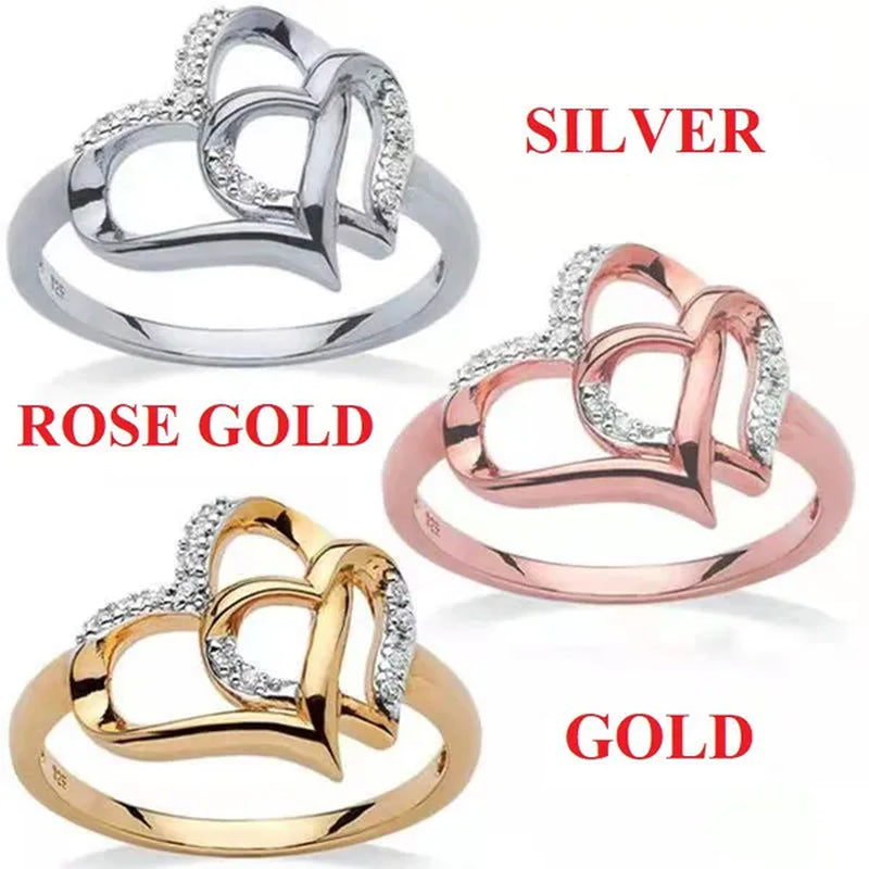 Lady's Elegant Heart shaped Ring Creative Design Diamond Zircon Double Love Hollow Ring Female Fashion Jewelry