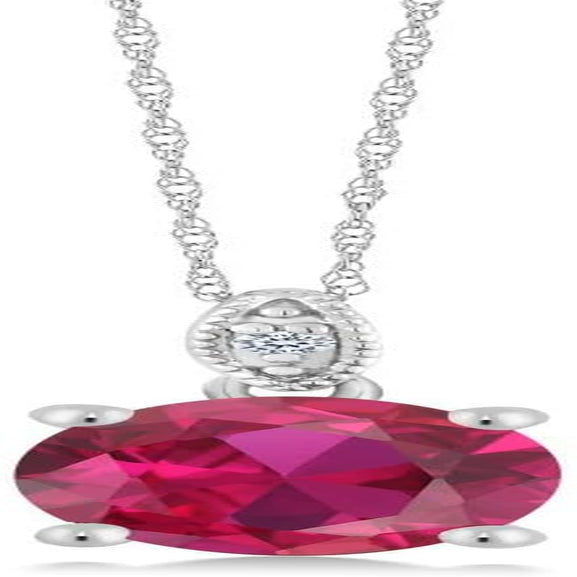 10K White Gold Red Created Ruby and White Diamond Pendant Necklace for Women (2.00 Cttw, Oval 9X7MM, with 18 Inch Chain)