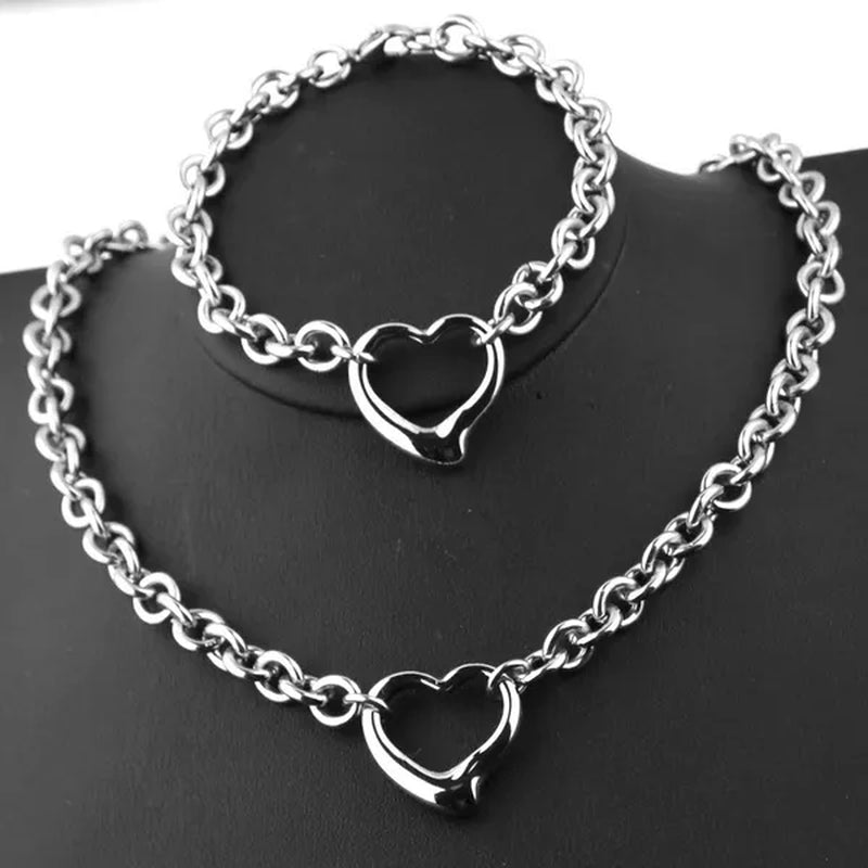 Charming Bracelet Necklace Set Silver Stainless Steel Oval Chain Womens Solid Heart Pendant Bracelet Accessories