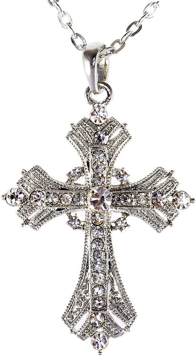 Silvery Tone Religious Cross Pendant Necklace W/Aquamarine Blue or Clear Crystal Rhinestones
