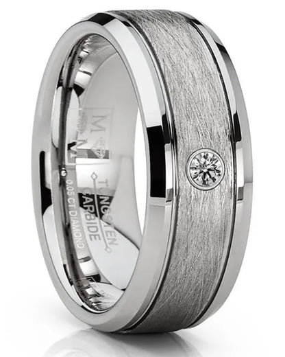 Men'S Tungsten Wedding Band 0.05 Carats Diamond Texture Brush High-Polish Silver-Toned 8MM