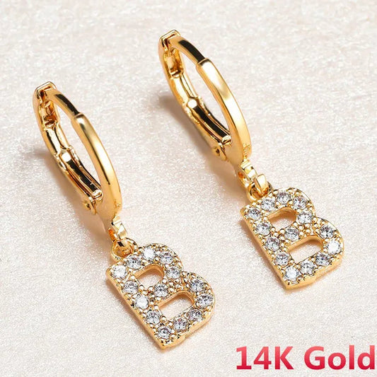 1 Pair 14K Gold Filled Cute Initial A-Z Letter Earrings CZ Zircon Diamond Gold Small Hoop Earings for Women Alphabet Fashion Jewellery