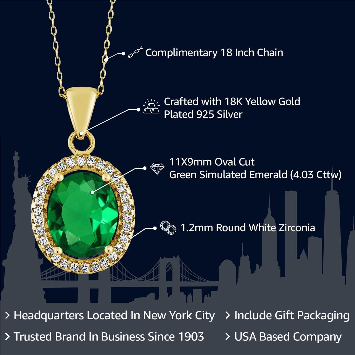 18K Yellow Gold Plated Silver 11X9MM Oval Gemstone Birthstone Halo Pendant Necklace for Women | with 18 Inch Silver Chain