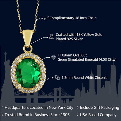 18K Yellow Gold Plated Silver 11X9MM Oval Gemstone Birthstone Halo Pendant Necklace for Women | with 18 Inch Silver Chain