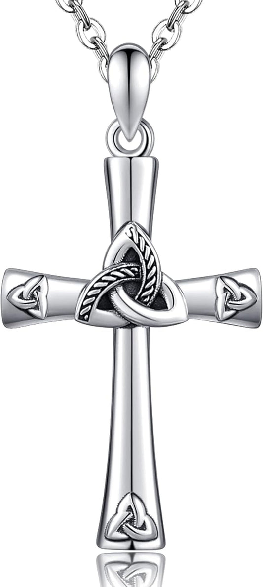 925 Sterling Silver Cross Necklace for Women - Trinity Celtic Knot Cross Heart Christian Pendant Necklace Dainty Fine Jewelry for Grandma Mom - 18" with 2" Extender