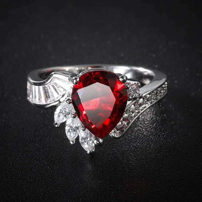 New silver-plated Fashion Natural Ruby Angel Teardrop Diamond Ring Engagement Wedding Ring Anniversary Christmas Gift Jewelry Accessories Size 5-11