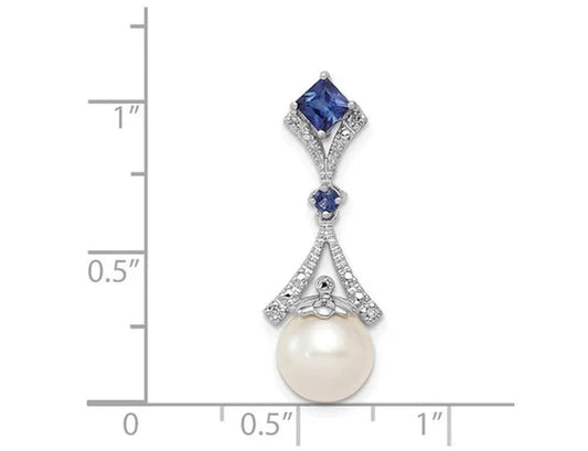 3/10 Carat (Ctw) Lab Created Blue Sapphire and 8Mm Freshwater Cultured Pearl Pendant Necklace in Sterling Silver with Chain