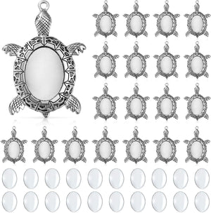 40 Pieces Antique Silver Turtle Pendant Settings, Include 20 Blank Turtle Pendant Tray with 0.71 X 0.98 Inch Oval Cabochons Base for DIY Jewelry Making