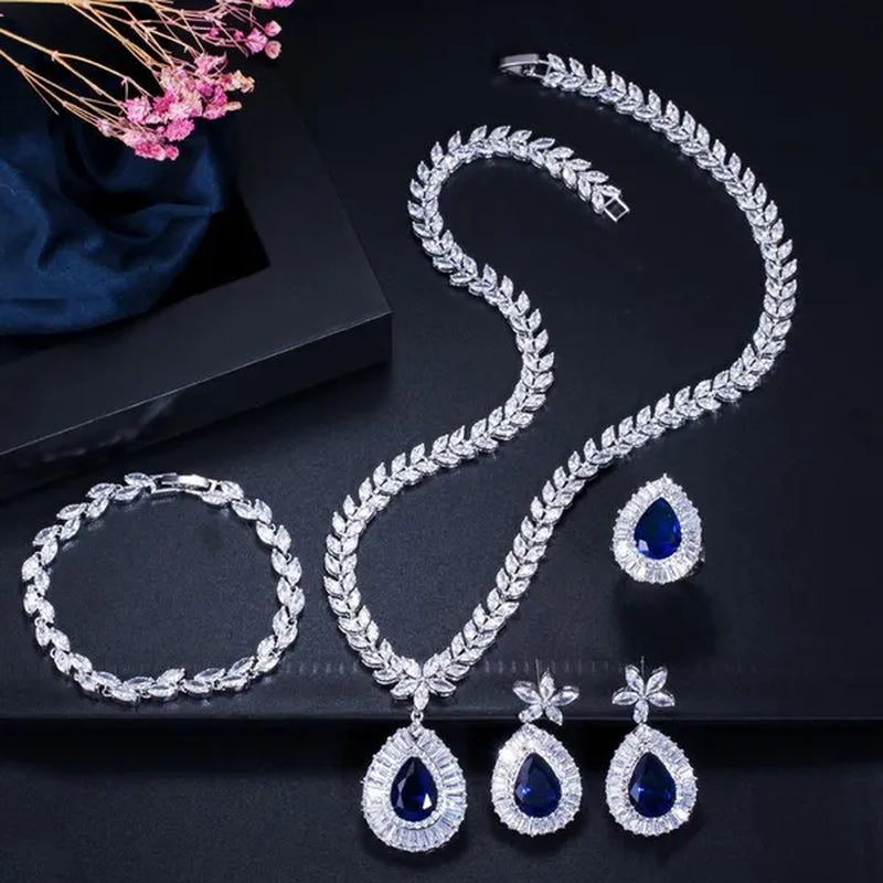 CANDICE Luxurious CZ Wedding 4 Pcs Set for Bridal Sparkling Water Drop Blue Zirconia White Gold Plated Necklace Earrings Bracelet Ring Sets