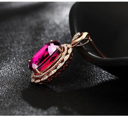 Rose Gold Big Oval Red Crystal Ruby Gemstones Diamonds Pendant Necklaces for Women Vintage Jewelry Choker Chain Bijoux Gifts