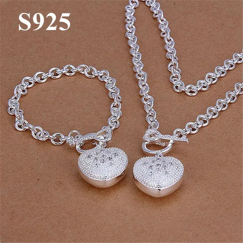 Women's Charm 925 Sterling Silver Crystal Heart Pendant Bracelets Elegant Necklace Bridal Wedding Jewelry Set