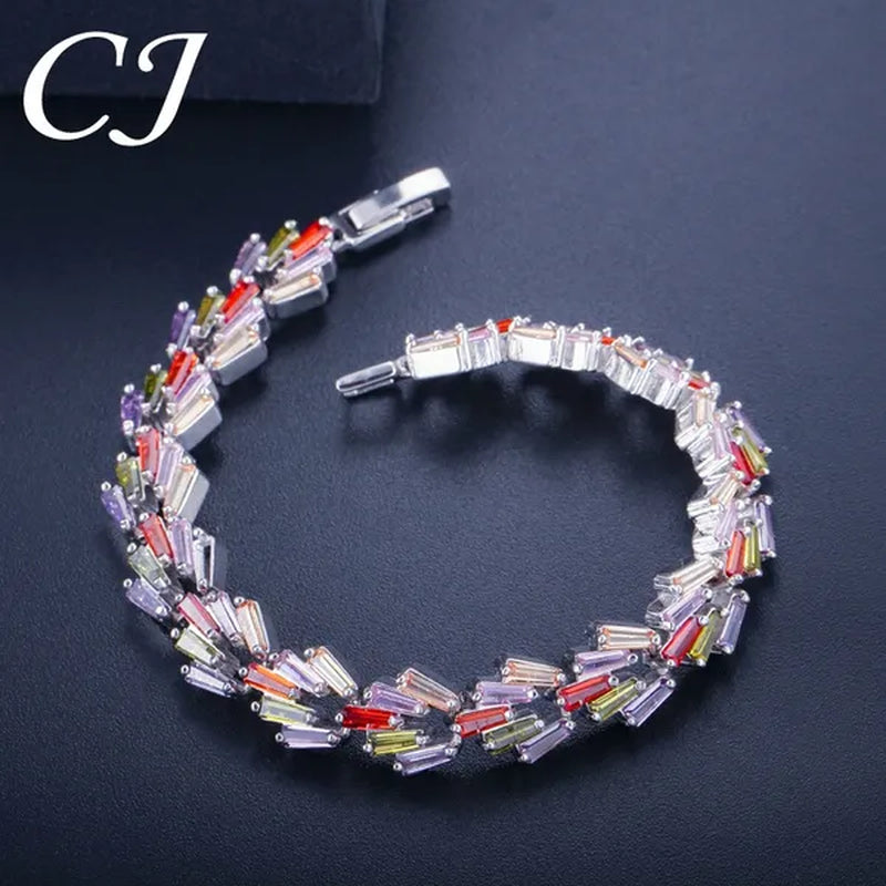 CANDICE New Trendy Sterling Silver Hand Bangle Jewelry Noble Rectangle Purple Crystal Women Tennis Bracelets With White Zirconia