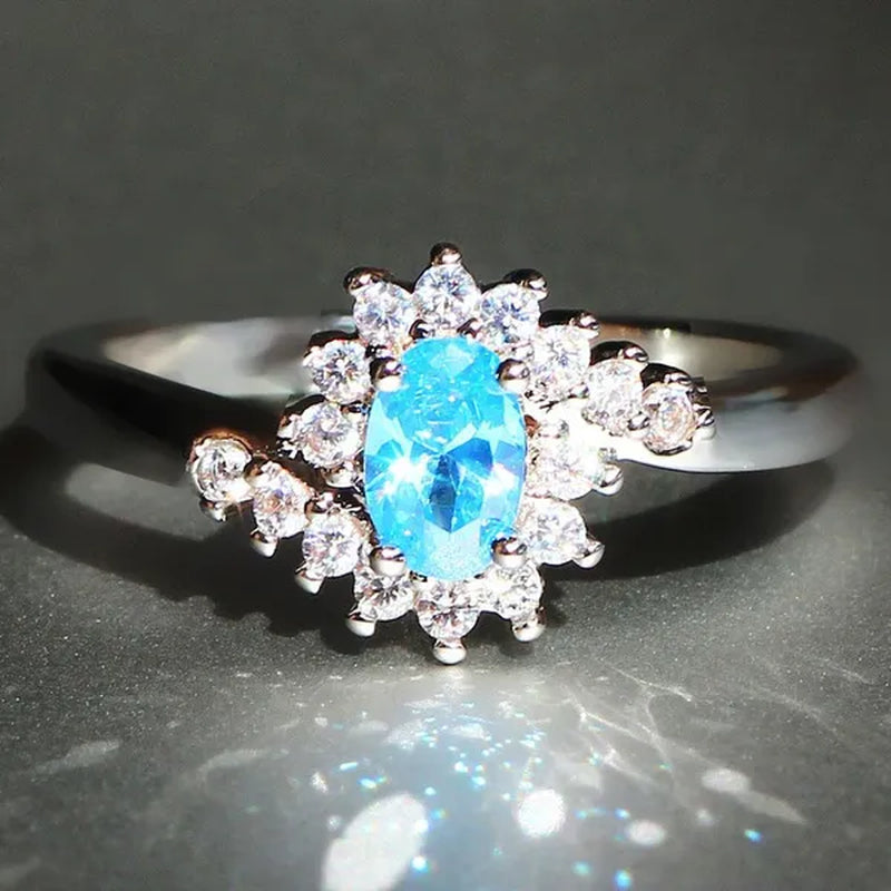 Exquisite Silver Natural Sapphire Gemstones Opal Birthstone Bride Princess Wedding Engagement Strange Ring Size 6 7 8 9 10