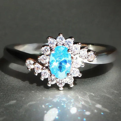 Exquisite Silver Natural Sapphire Gemstones Opal Birthstone Bride Princess Wedding Engagement Strange Ring Size 6 7 8 9 10