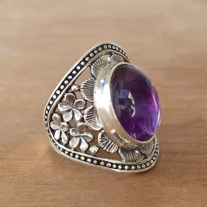 Exquisite Woman Fashion Vintage Wide Edge Engraved Flower Ring Natural Amethyst Gemstone Ring Engagement Party Bride Wedding High Jewelry Christmas Valentine'S Day Gift Ring Size US4-12
