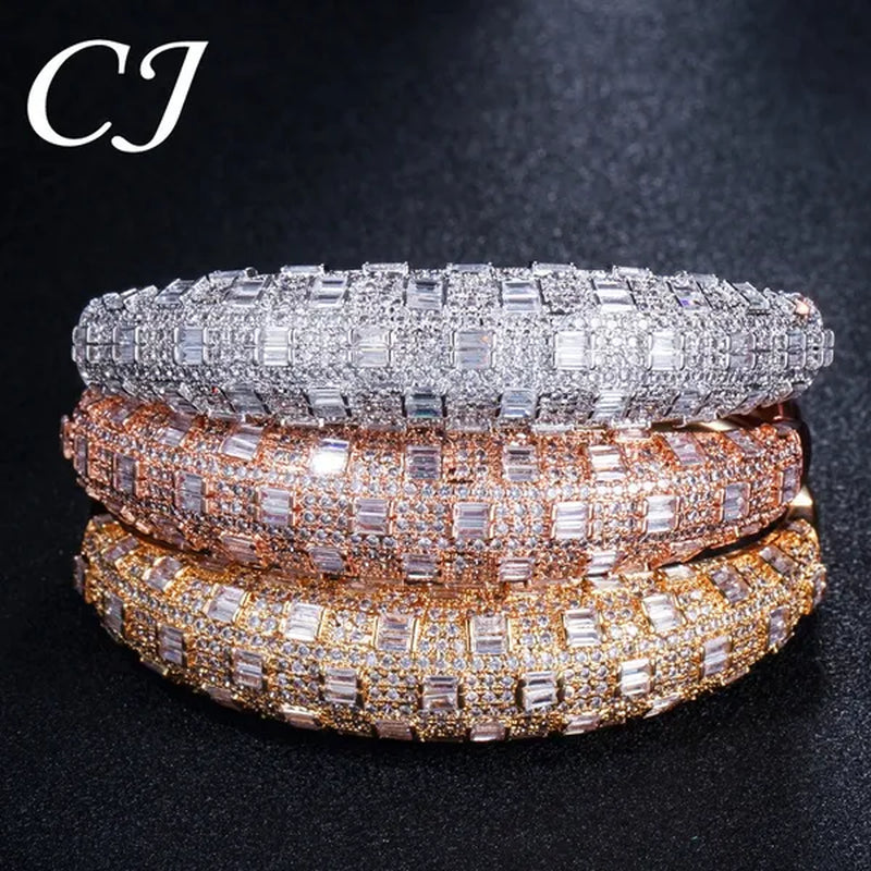 CANDICE Exclusive Design Rose Gold Plated Dubai Wedding Wide Bangle Ring Set Full Hand-inlaid Cubic Zirconia African Bridal Open Cuff Bracelet Jewelry Sets for Women Prom Party