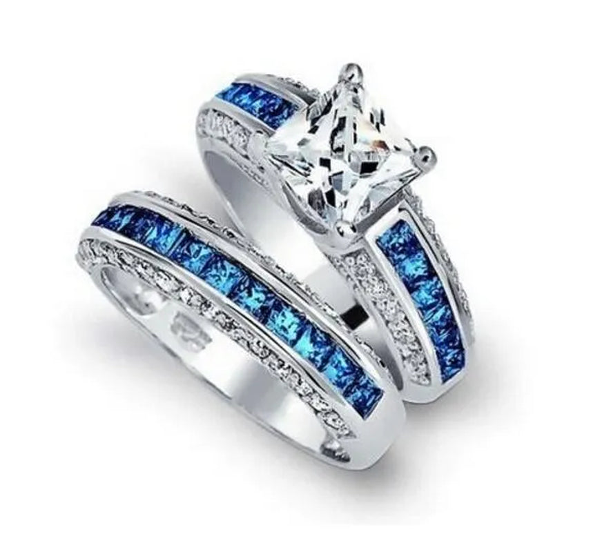 2Pcs/Set 925 Silver Plated Pink Purple White Sapphire CZ Wedding Set Rings Size 6-11  (Choice Color and Size )