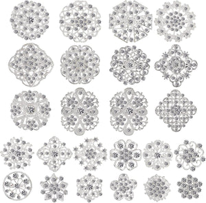 Lot 24 Pcs Crystal Brooches Pins, Silver Shining Clear Rhinestone Brooches Flower Jewelry Bridal Wedding Bouquet Kit Gift for Girls, Women, DIY Decoration