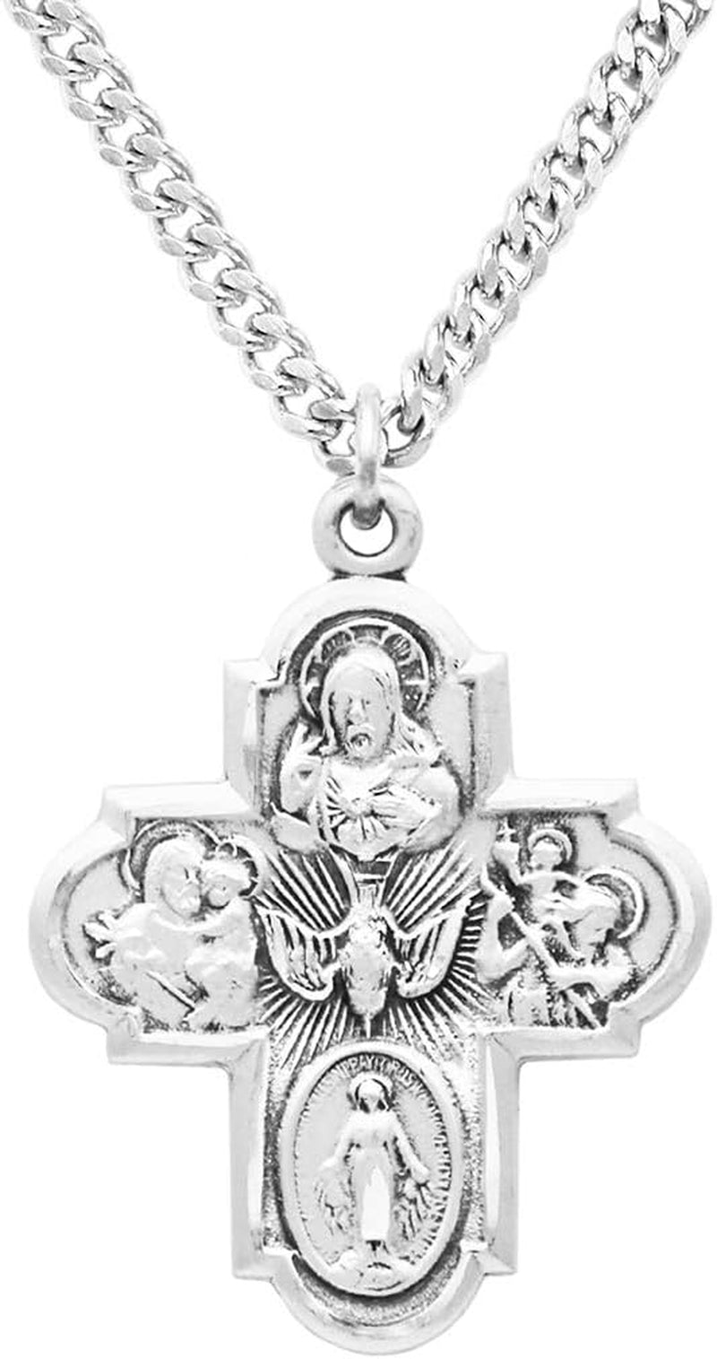 Sterling Silver Traditional Catholic Four Way Cross Medal Pendant Necklace, 24"
