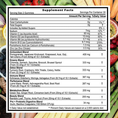 Superfood Fruits and Veggies Gummies (120 Chews), 12+ Superfruits & 30 Veggies, Fruit & Herbs, Fruit and Vegetable Vitamins, Non-Gmo, Pectin-Based, Gluten-Free