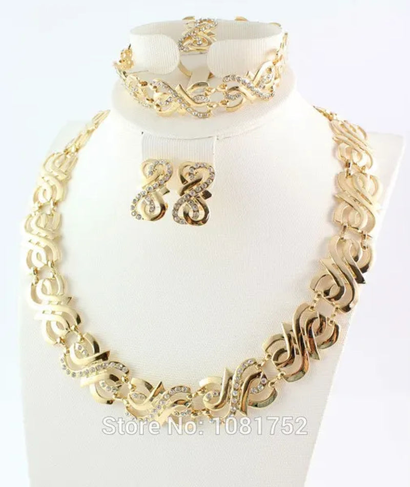 Hot Gold Plated Crystal Charming Necklace Fashion Romantic Wedding Necklace Earrings Bracelet Ring Jewelry Sets