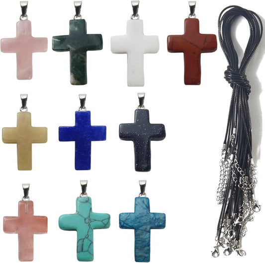 20Pcs/Set Cross Shape Stone Pendants with Leather Chain Chakra Beads Crystal Quartz Healing Charms for DIY Necklace Jewelry Making, Assorted Color