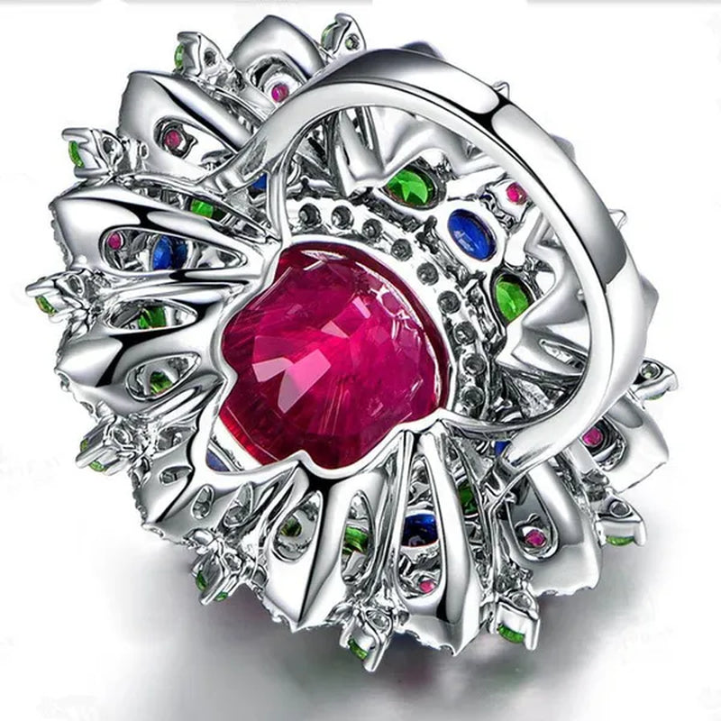 Luxurious  Silver Natural Gemstones Ruby And Emerald and Sapphire White Sapphire Wedding Birthstone Bride Engagement Flower Ring Jewelry Size 6 7 8 9 10